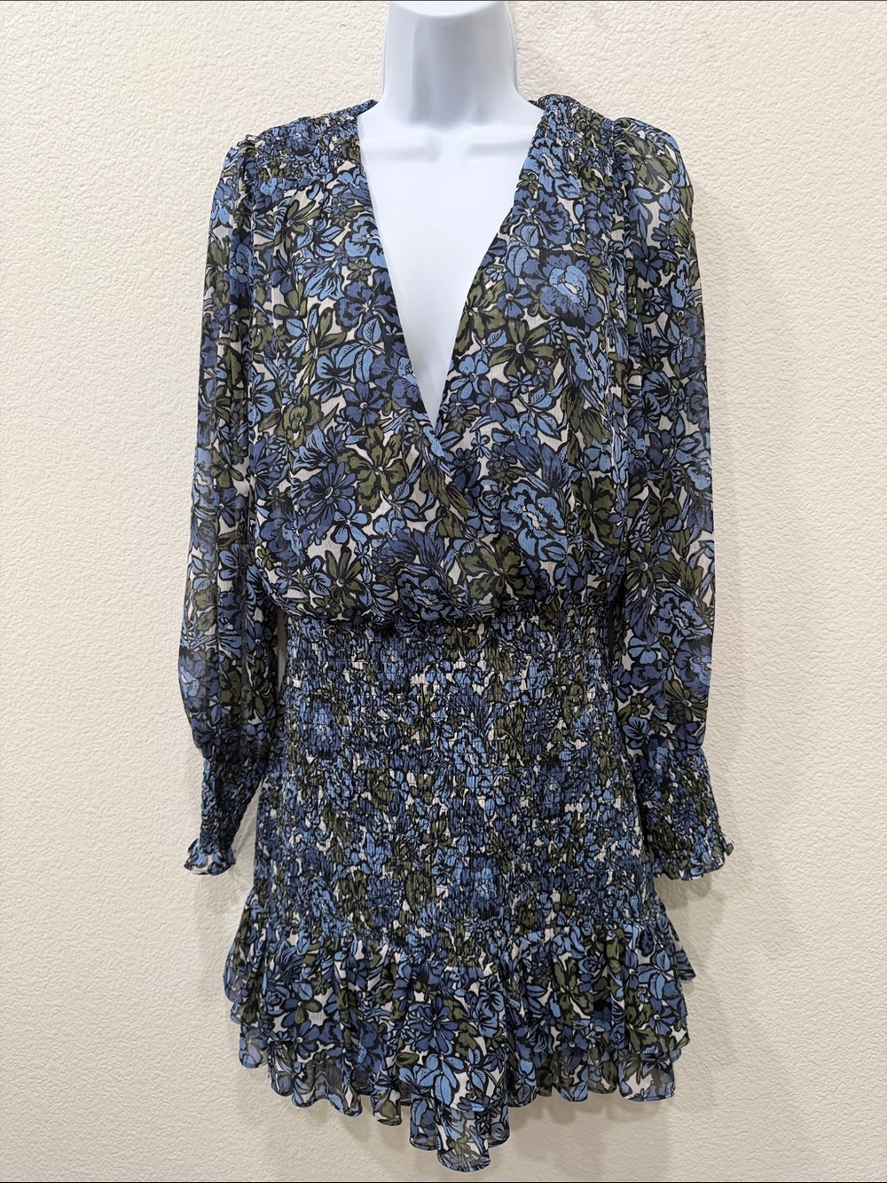 VERONICA BEARD- Blue & Olive Floral Smocked Wrap Mini Dress